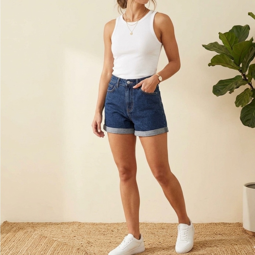 NATURE DENIM Women’s High Rise Folded Hem Dark Wash Blue Jean Shorts Size M Y2K